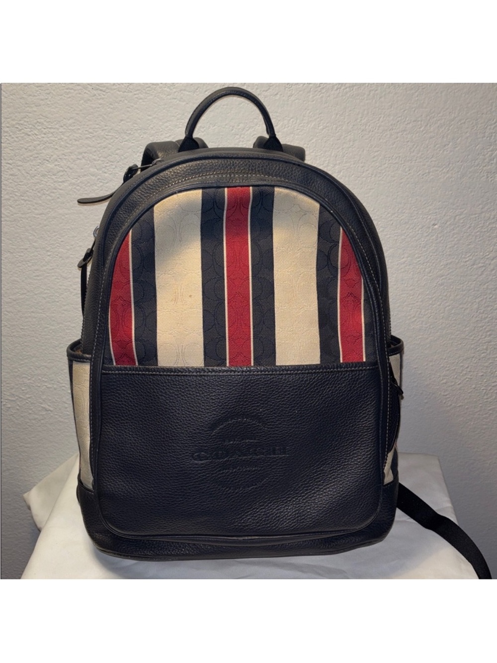 Coach Navy, Cream & Red Striped Men’s Leather Backpack